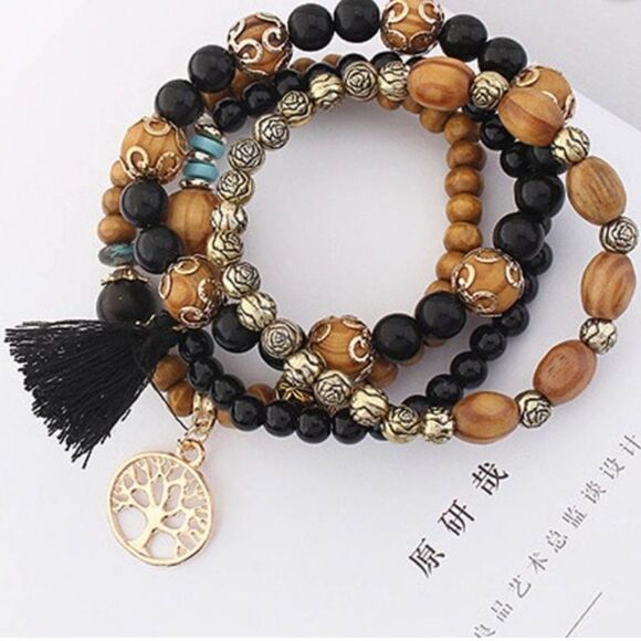 tree of life bracelet tassel BLACK and brown wooden beaded layered boho - Picture 2 of 4